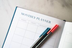 A blank monthly planner ready to record an effective co-parenting schedule.